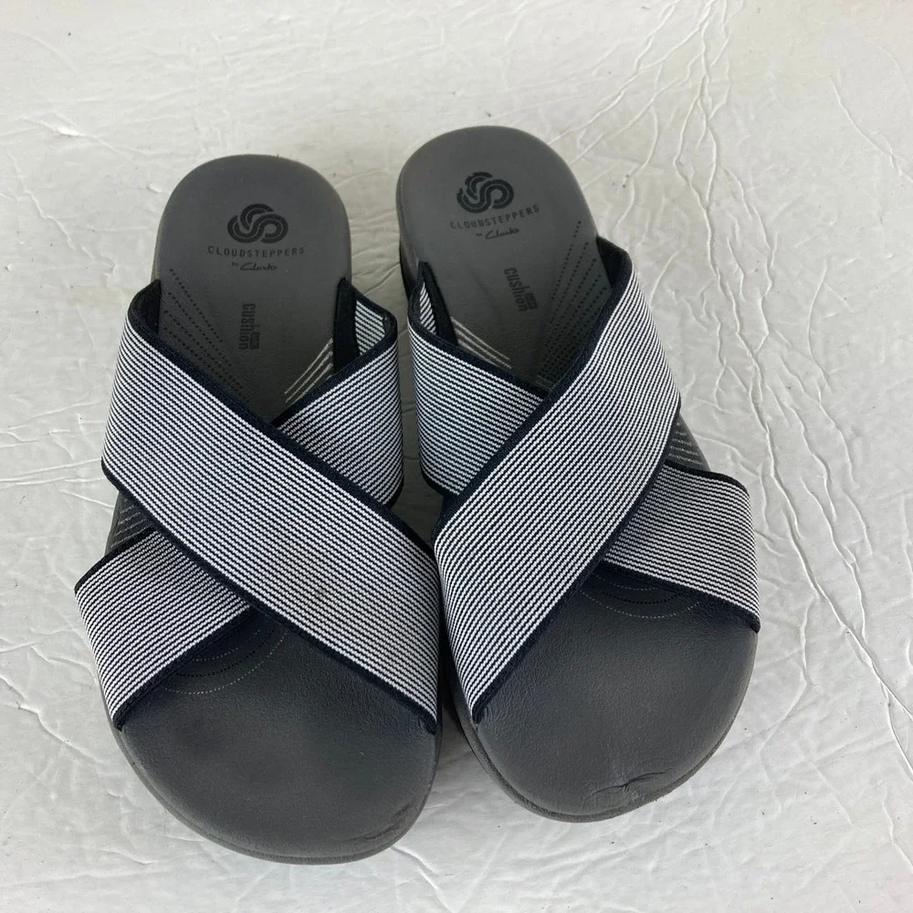 Clarks Cloudsteppers Arla Glison Womens 6 Black White Striped Slides - Picture 2 of 7